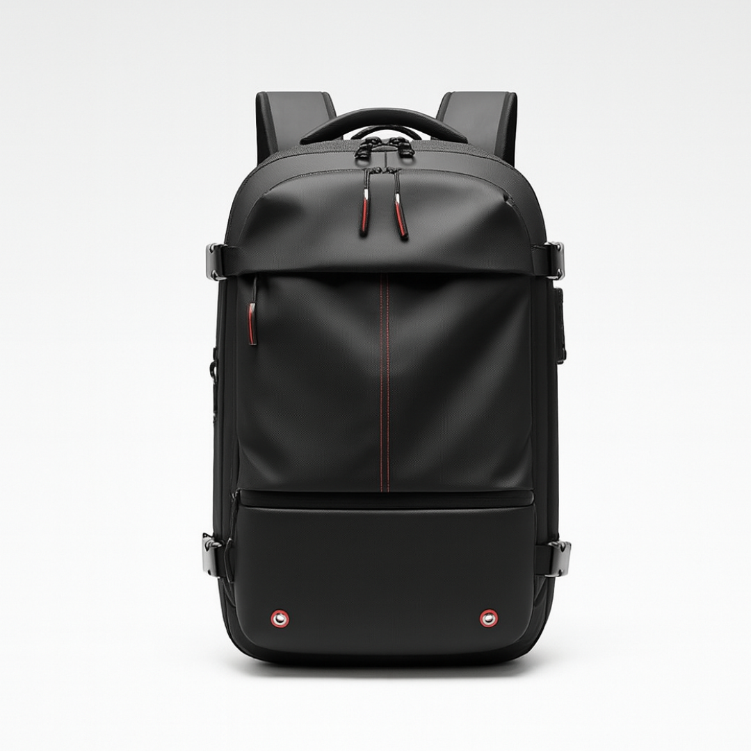 Black Dependz 7757 backpack with red accents on a white background