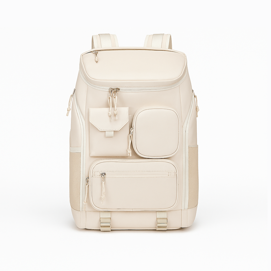 Beige Dependz 7900 backpack with multiple pockets on a white background