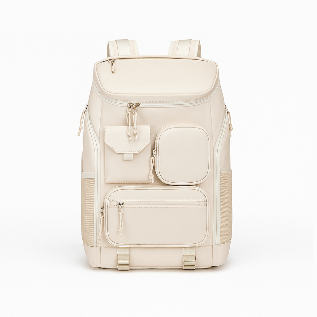 Beige Dependz 7900 backpack with multiple pockets on a white background