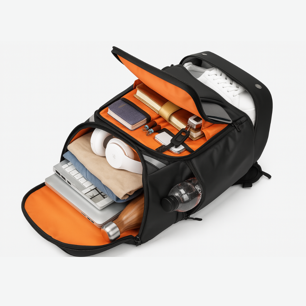 Black Dependz 7716 backpack with orange interior compartments containing various items on a white background